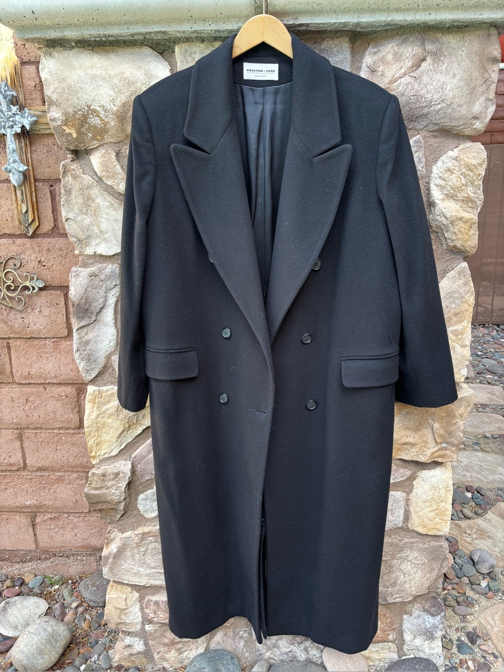Preston & York Black Wool Cashmere Coat Womens 14 Double Breasted Long Vintage
